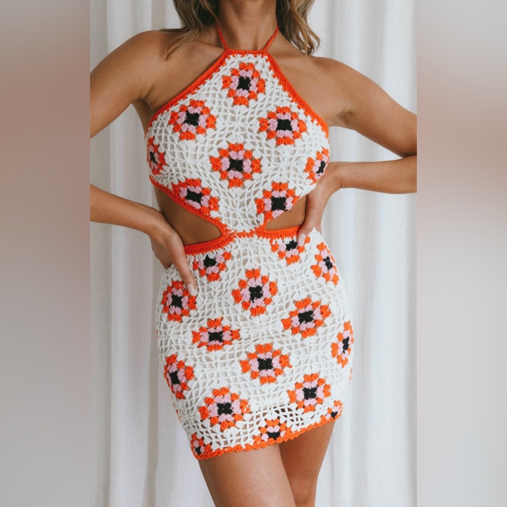 Selfie Leslie Crochet Mini Dress Orange White Pink size Small